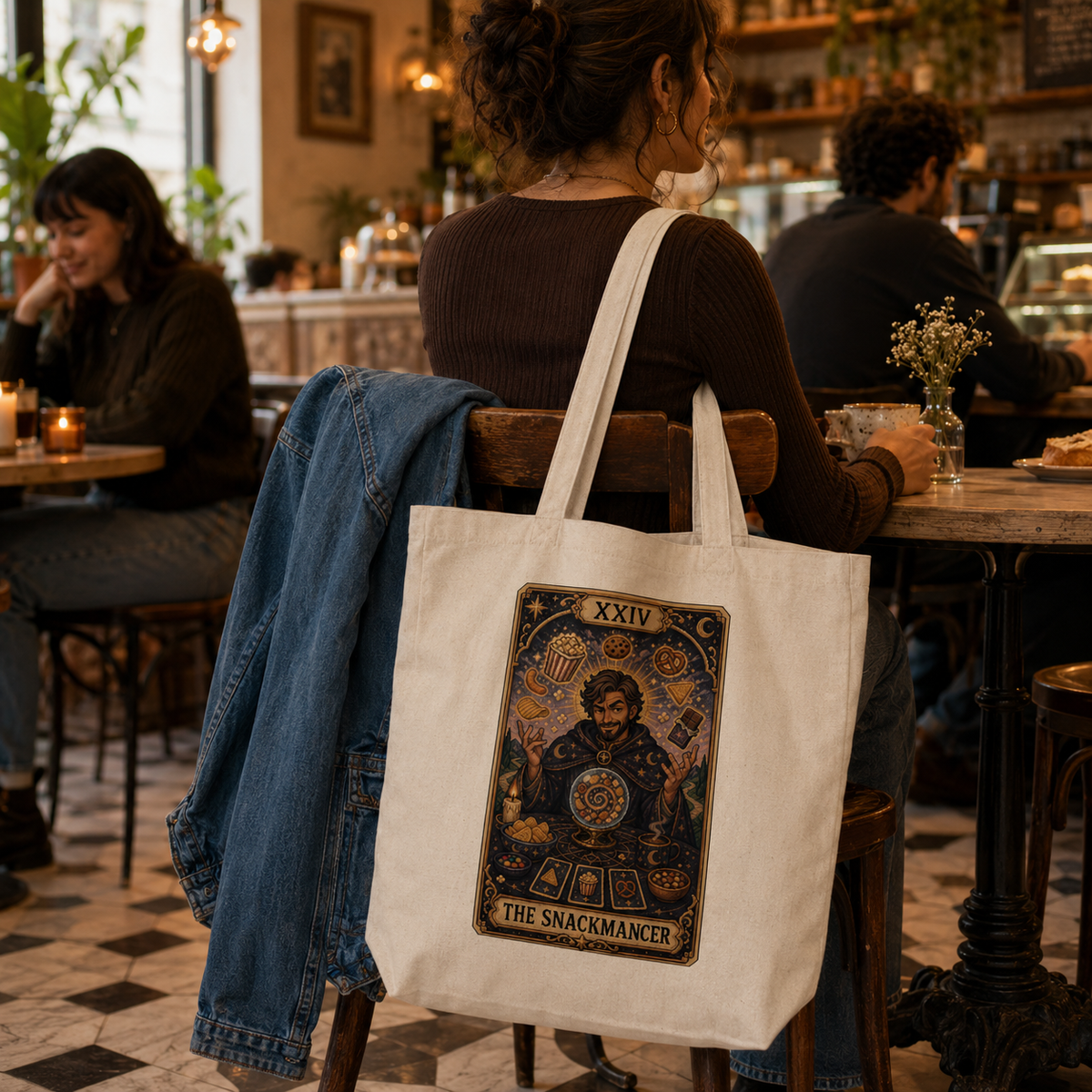 A cream canvas tote bag with a large tarot card graphic reading 'THE SNACAMANCER' is worn over the shoulder of a woman seated in a cafe. A blue denim jacket is draped over the chair beside her.