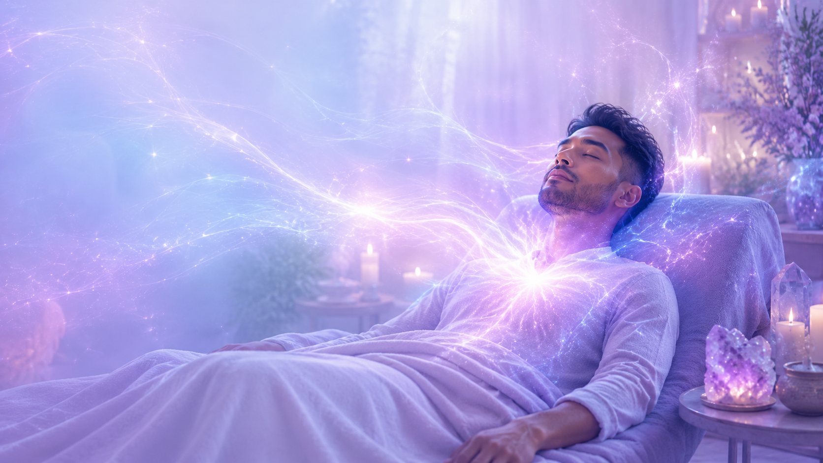 Man resting during a distant Reiki session as soft purple energy flows around his body in a peaceful candlelit room with crystals.