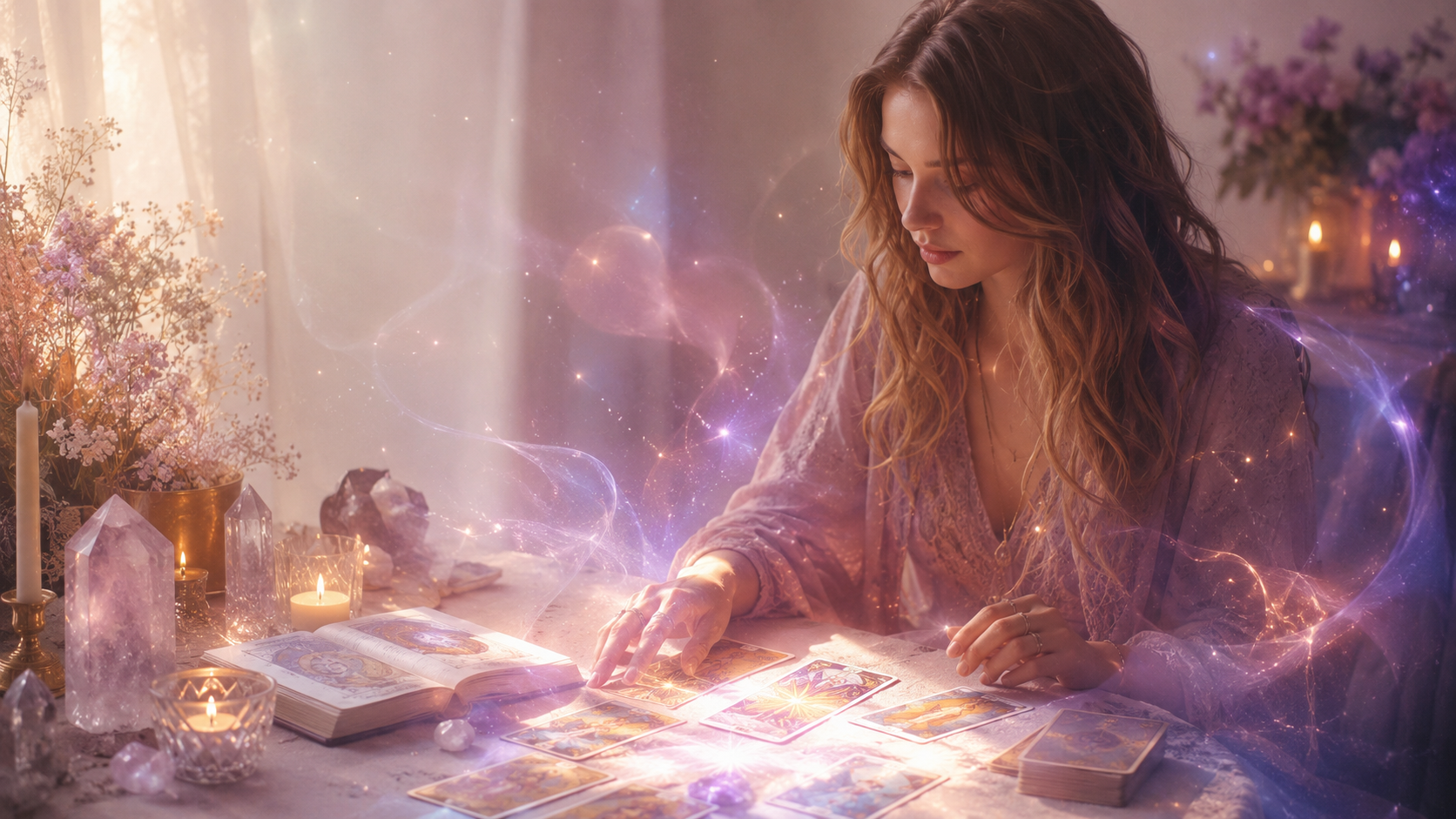 Candlelit tarot reading scene with a woman in a soft lavender setting, surrounded by crystals and an open guidebook as glowing spiritual energy swirls around the cards.