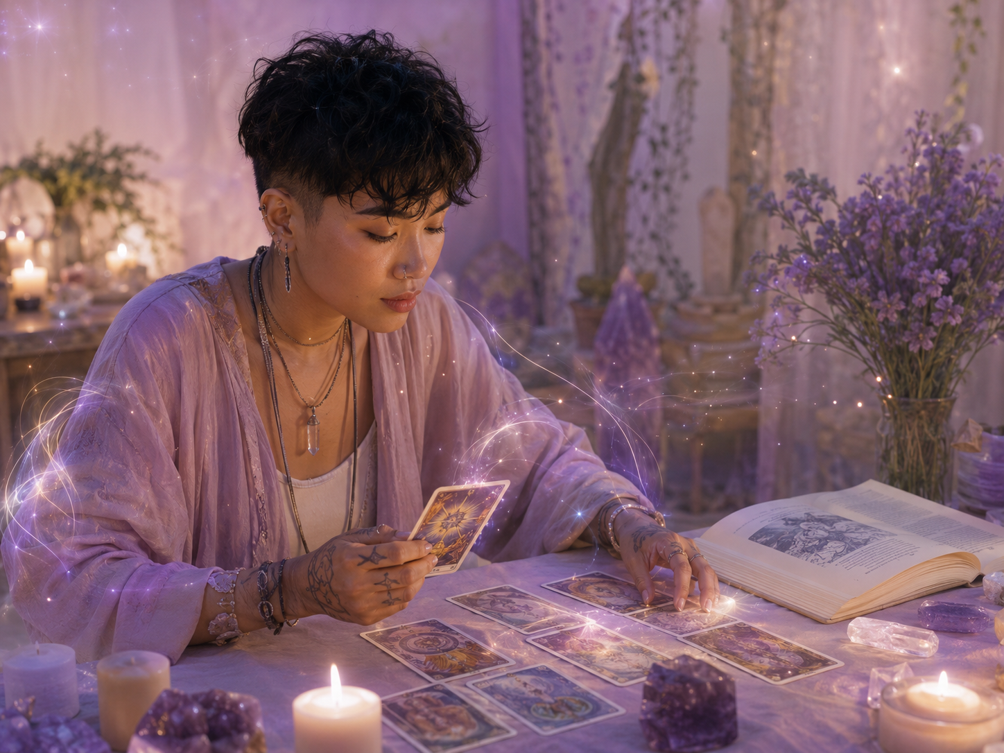 Androgynous tarot reader studying a card spread in a candlelit lavender space with crystals, an open guidebook and glowing spiritual energy around the cards.