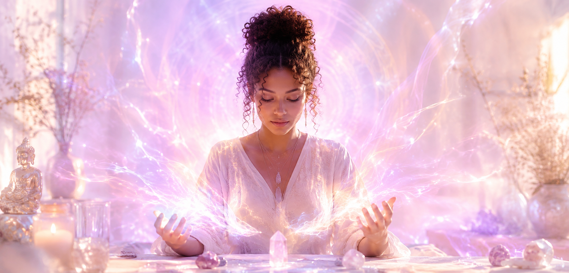 Women channeling spiritual energy around her and it is interacting with her visible aura. this takes place a spiritual room with crystals and a Buddha statue,. everything is in whites, and pastel purples, creams and pinks.