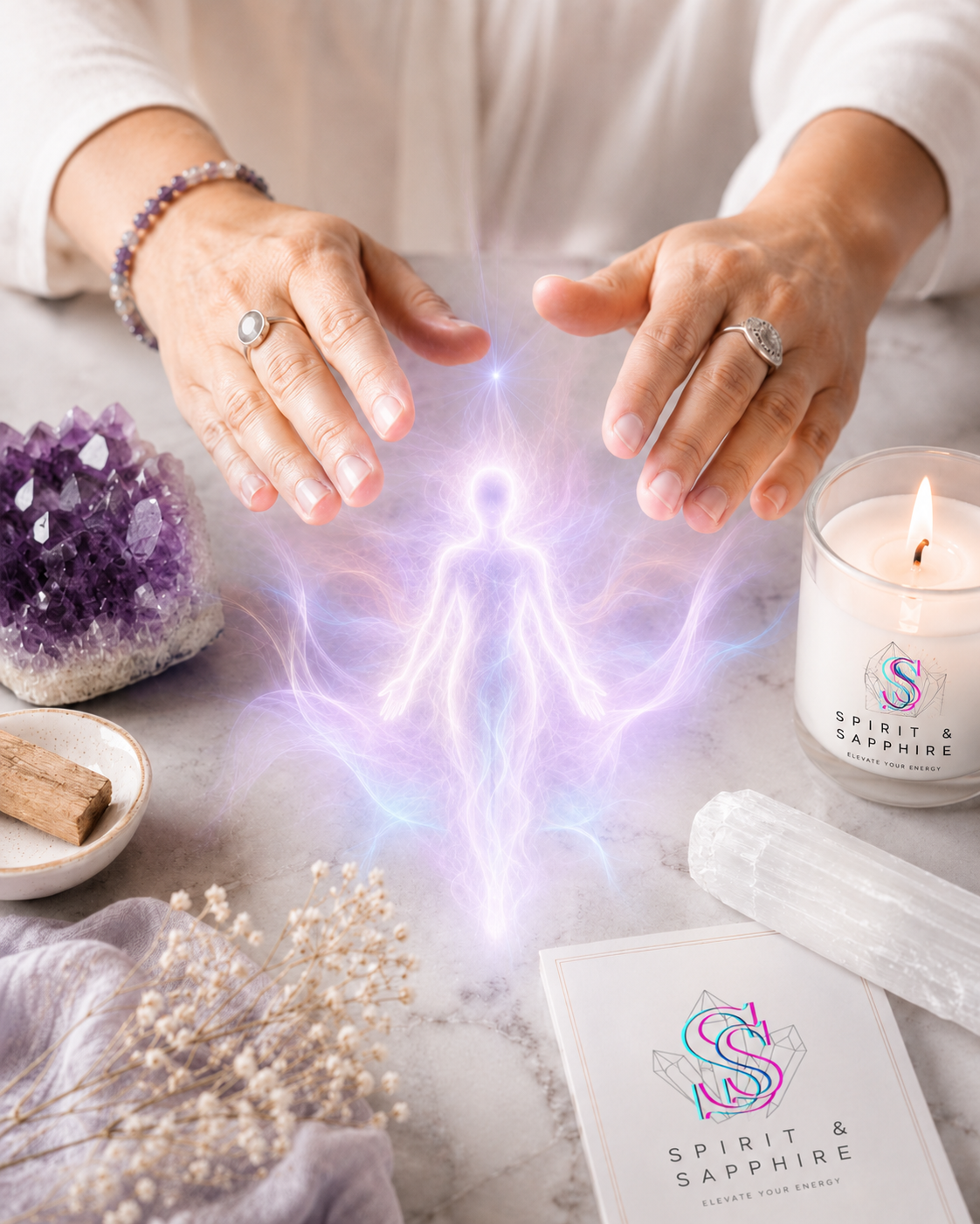 Hands performing distant reiki with a candle and crystals on a table, featuring 'Spirit & Sapphire' branding.