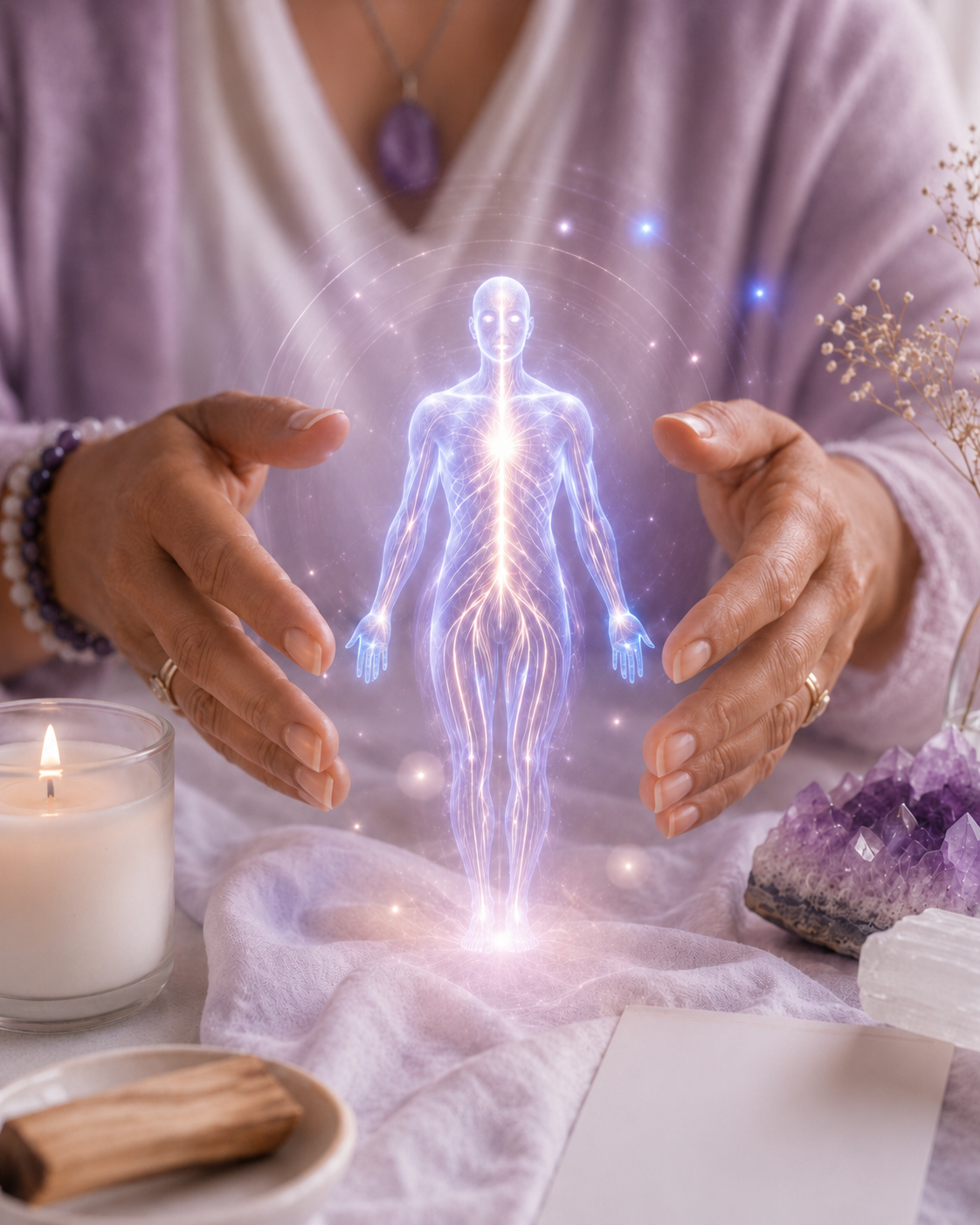 Distant Reiki session with a glowing energy body, gentle hands, amethyst crystals and candlelight for Spirit and Sapphire’s spiritual healing service.