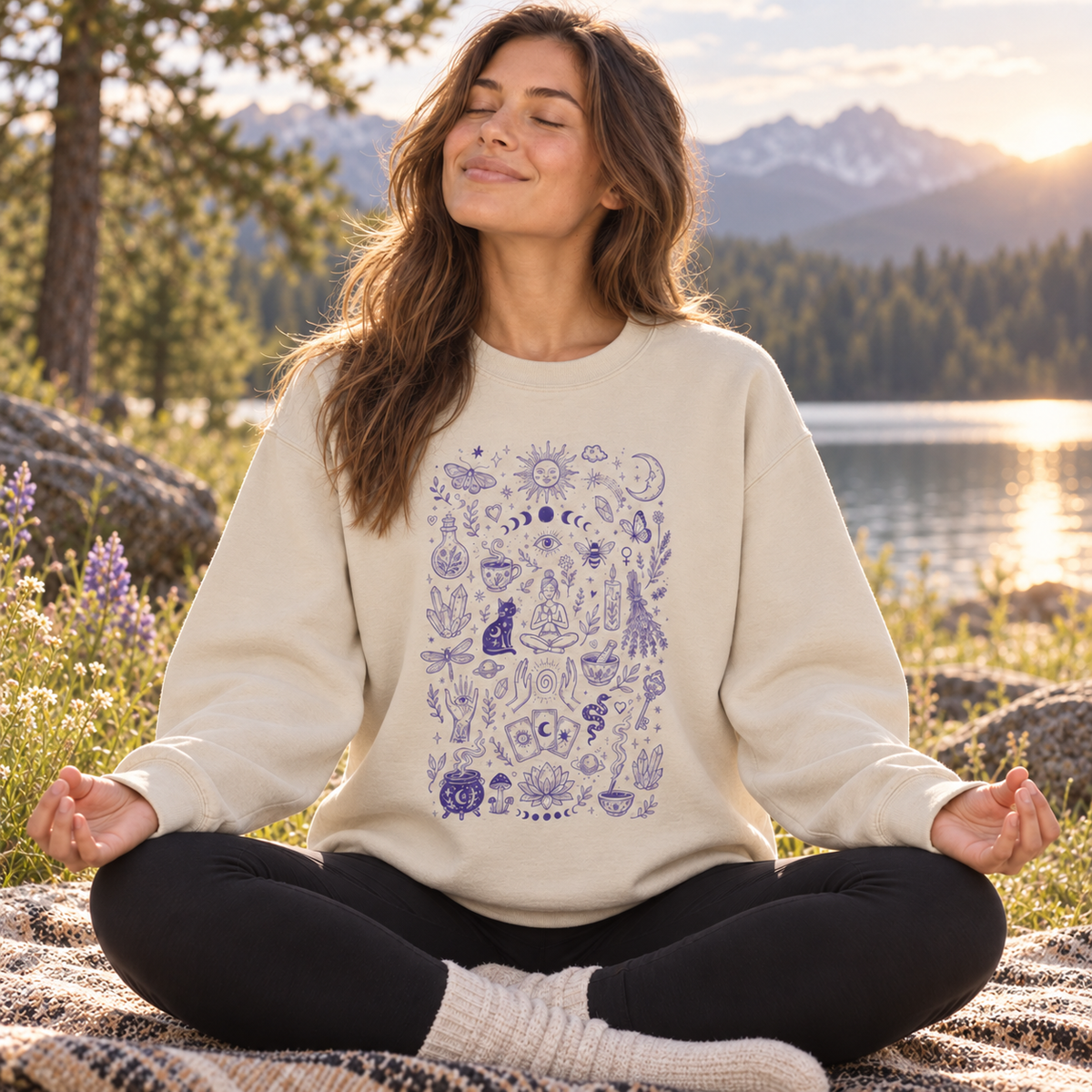 A woman meditating outdoors by a lake with mountains in the background, wearing a cream sweatshirt with a purple celestial and occult-themed graphic print on the front.