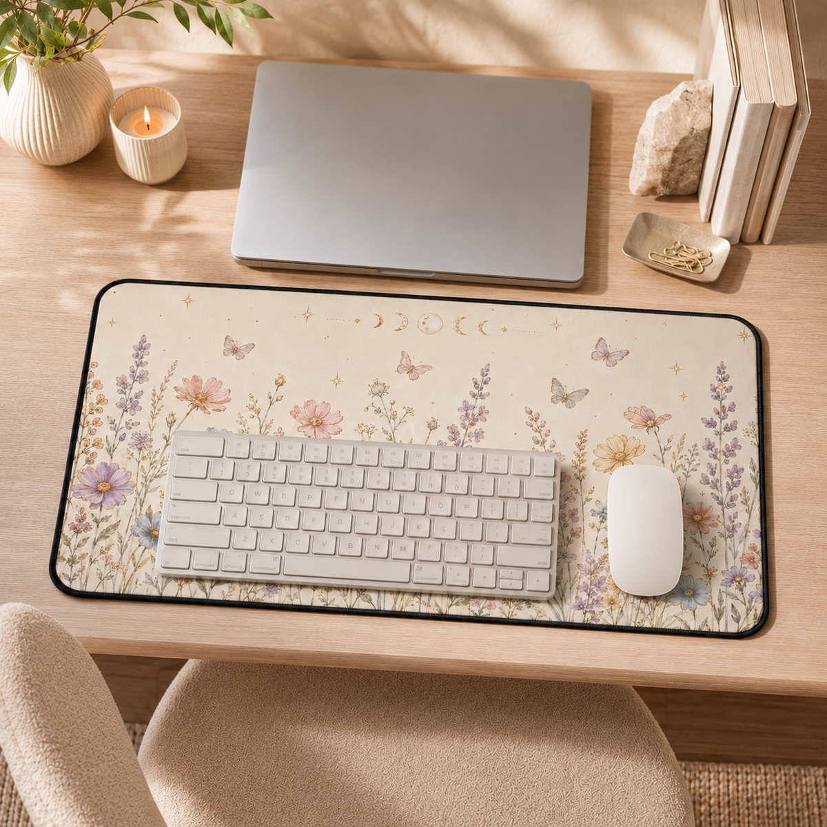 Botanical desk mat on a warm wooden desk, featuring a soft cream background with pastel wildflowers, butterflies, gold stars and moon phases. A white keyboard and mouse sit on top of the large black-trimmed keyboard and mouse pad, with a closed laptop, candle, plant, books, crystal and small tray of paper clips arranged around it in a cozy sunlit workspace.