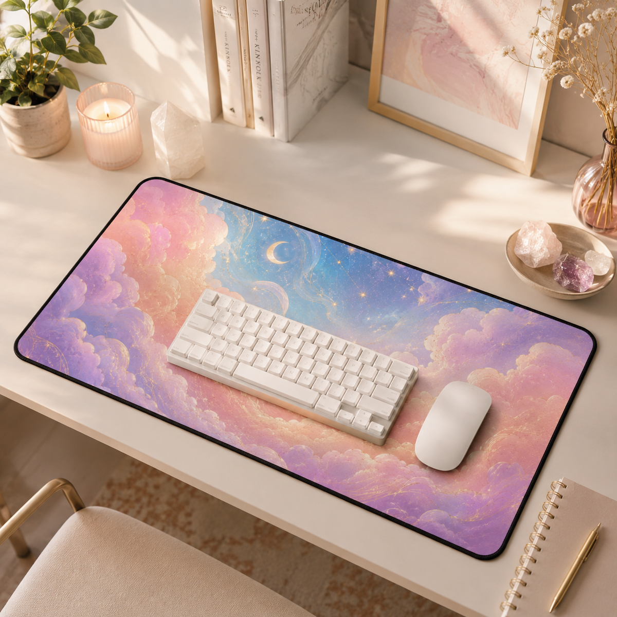 12 by 22 inch pastel celestial desk mat on a soft cream desk, featuring dreamy pink and lavender clouds, a blue sky, crescent moon, glowing stars and gold swirl details. A white keyboard and mouse sit on top of the large black-trimmed keyboard and mouse pad, styled in a cozy sunlit workspace with a plant, candle, crystal, books, framed art, dried flowers, crystals, notebook and gold pen nearby.