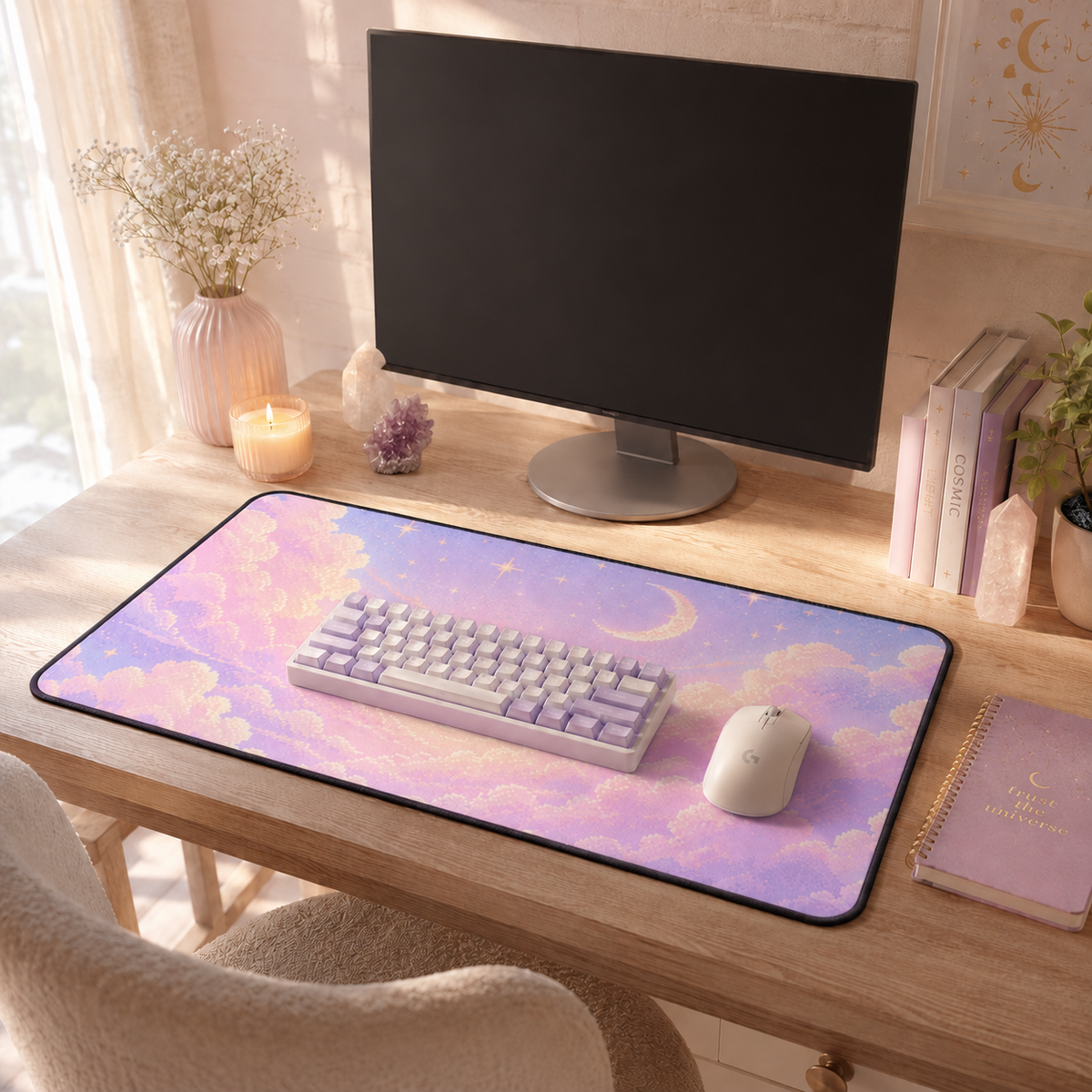 Pastel celestial desk mat on a warm wooden desk, featuring a dreamy lavender, pink and soft blue sky design with fluffy clouds, stars and a crescent moon. A lavender-and-white keyboard and white mouse sit on top of the large black-trimmed keyboard mat, styled in a cozy sunlit workspace with a monitor, candle, flowers, crystals, books, plant and notebook.