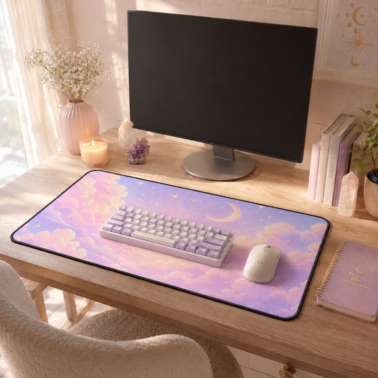 Pastel celestial desk mat on a warm wooden desk, featuring a dreamy lavender, pink and soft blue sky design with fluffy clouds, stars and a crescent moon. A lavender-and-white keyboard and white mouse sit on top of the large black-trimmed keyboard mat, styled in a cozy sunlit workspace with a monitor, candle, flowers, crystals, books, plant and notebook.