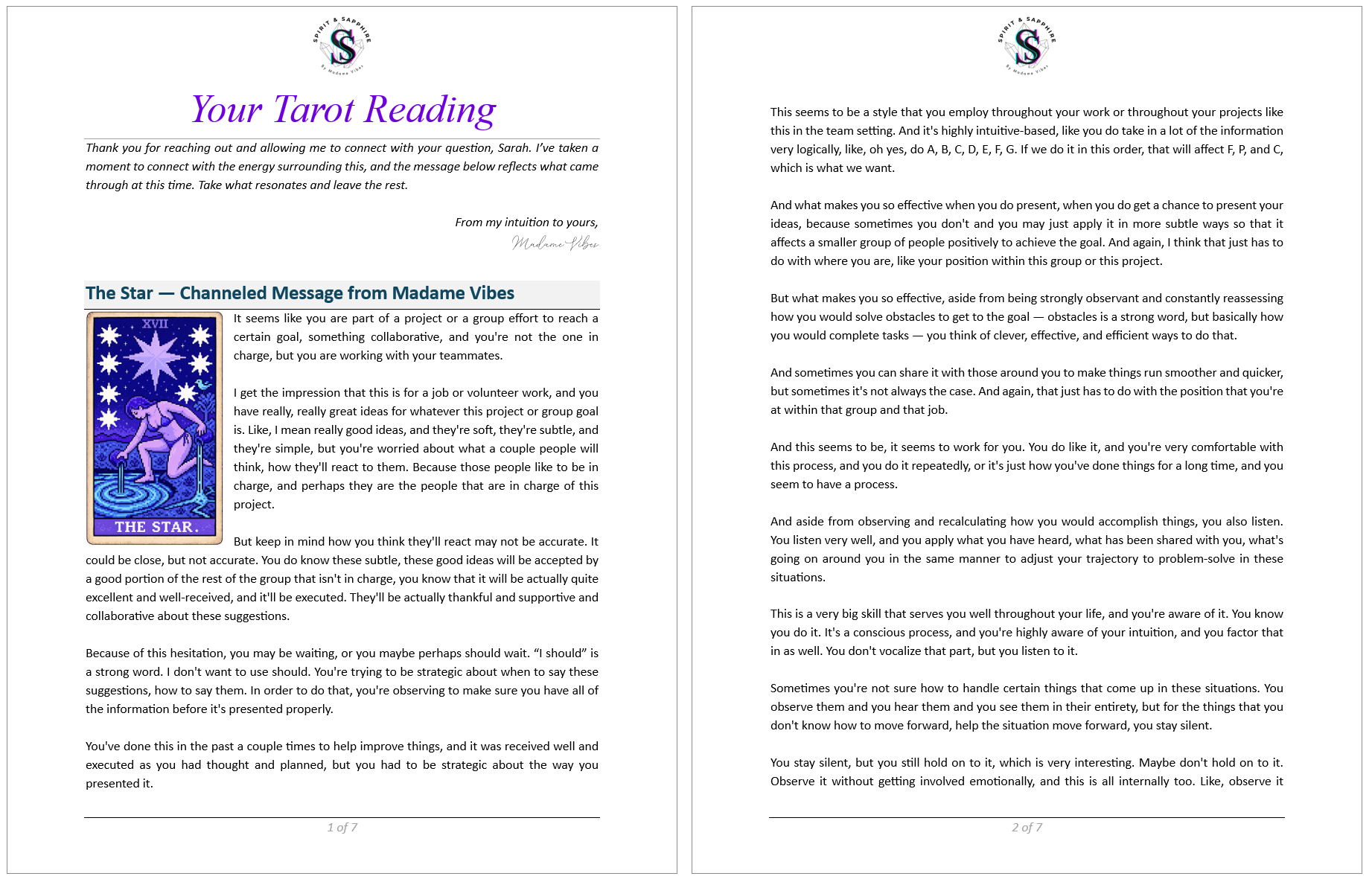Preview of the first two pages of a Spirit and Sapphire tarot reading PDF featuring the personalized channeled message and continuation text for The Star card reading