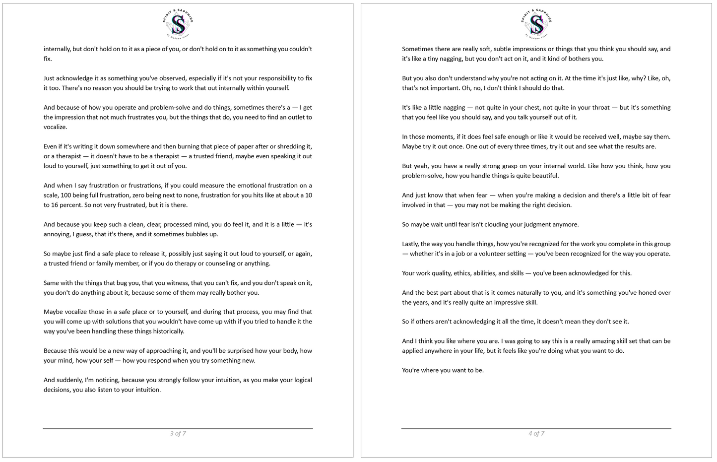 Preview of pages three and four of a Spirit and Sapphire tarot reading PDF with continued personalized channeled message text for The Star reading