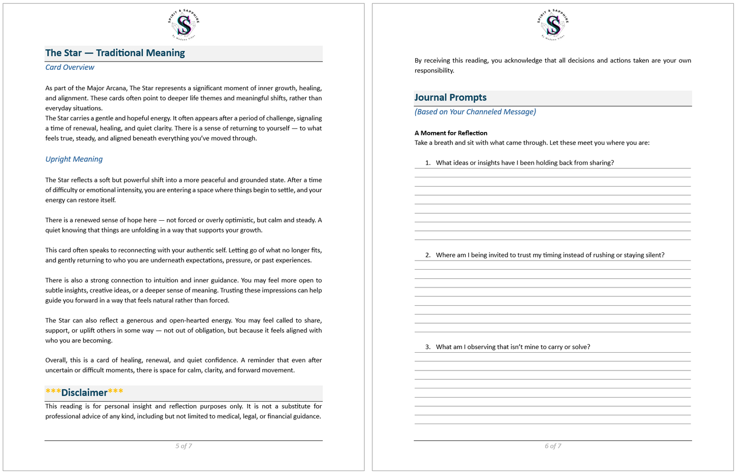 Preview of pages five and six of a Spirit and Sapphire tarot reading PDF showing The Star traditional meaning page and a journal prompts page for personal reflection