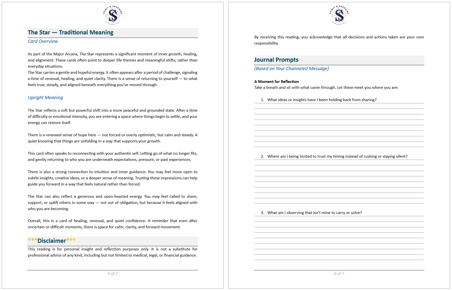 Preview of pages five and six of a Spirit and Sapphire tarot reading PDF showing The Star traditional meaning page and a journal prompts page for personal reflection