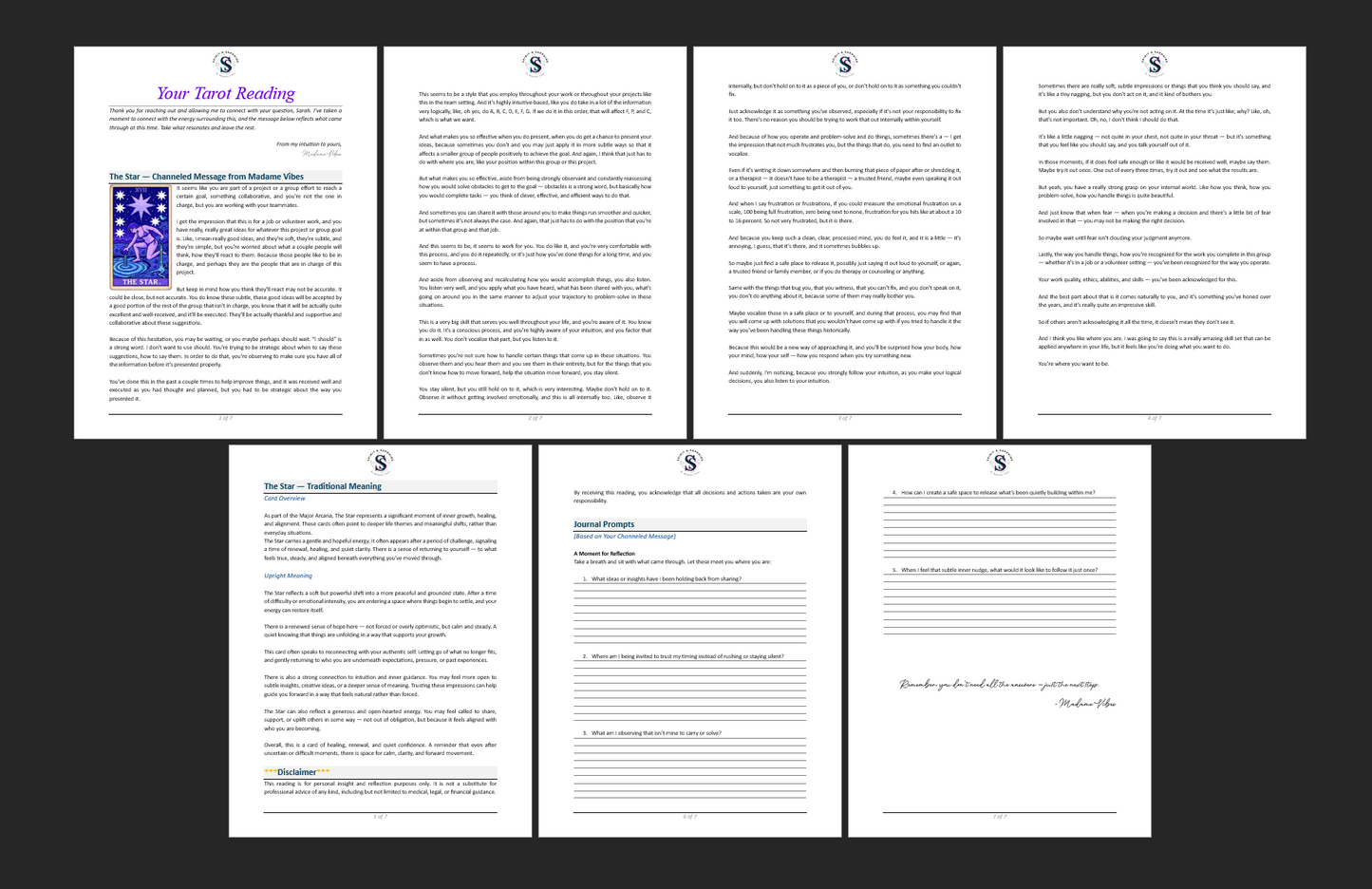 Preview collage of a seven-page Spirit and Sapphire tarot reading PDF showing the channeled message, traditional card meaning and journal prompt pages
