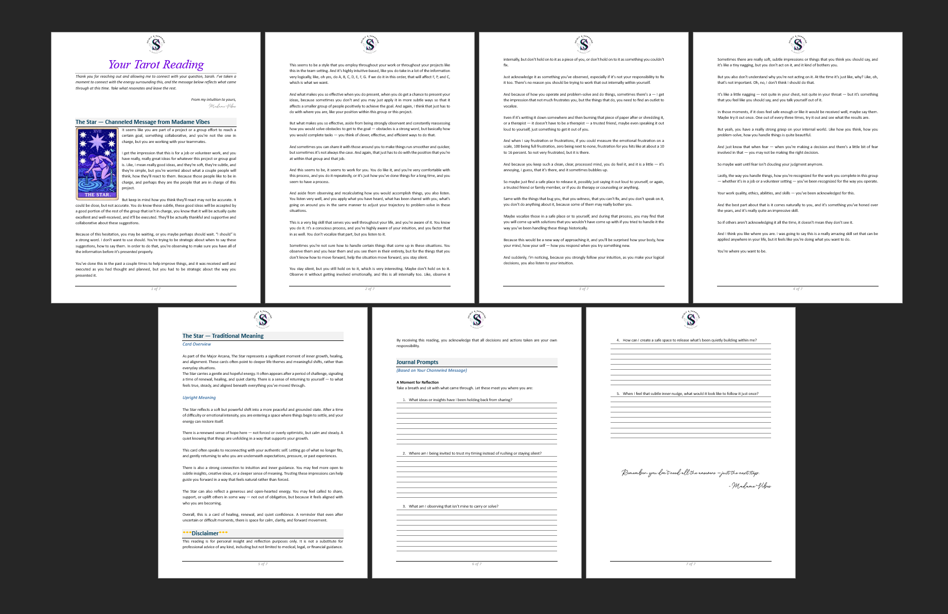 Preview collage of a seven-page Spirit and Sapphire tarot reading PDF showing the channeled message, traditional card meaning and journal prompt pages