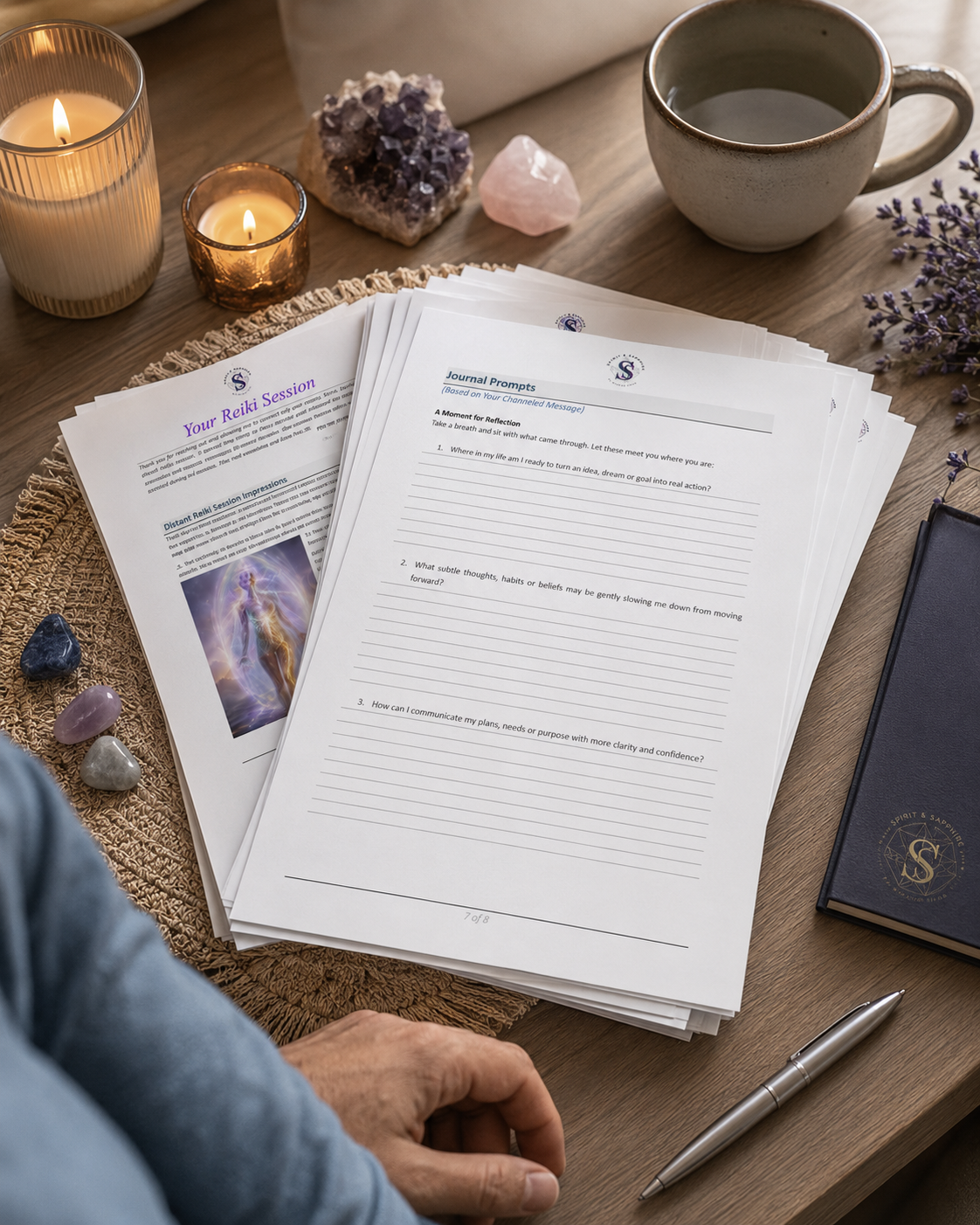Spirit and Sapphire distant Reiki session journal prompt pages printed and arranged in a cozy journaling setup with candles, crystals, a pen, tea and a notebook.