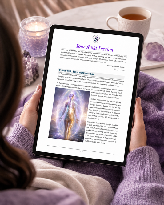 Person holding a tablet with Spirit and Sapphire distant Reiki session write up on a table with candles and crystals.