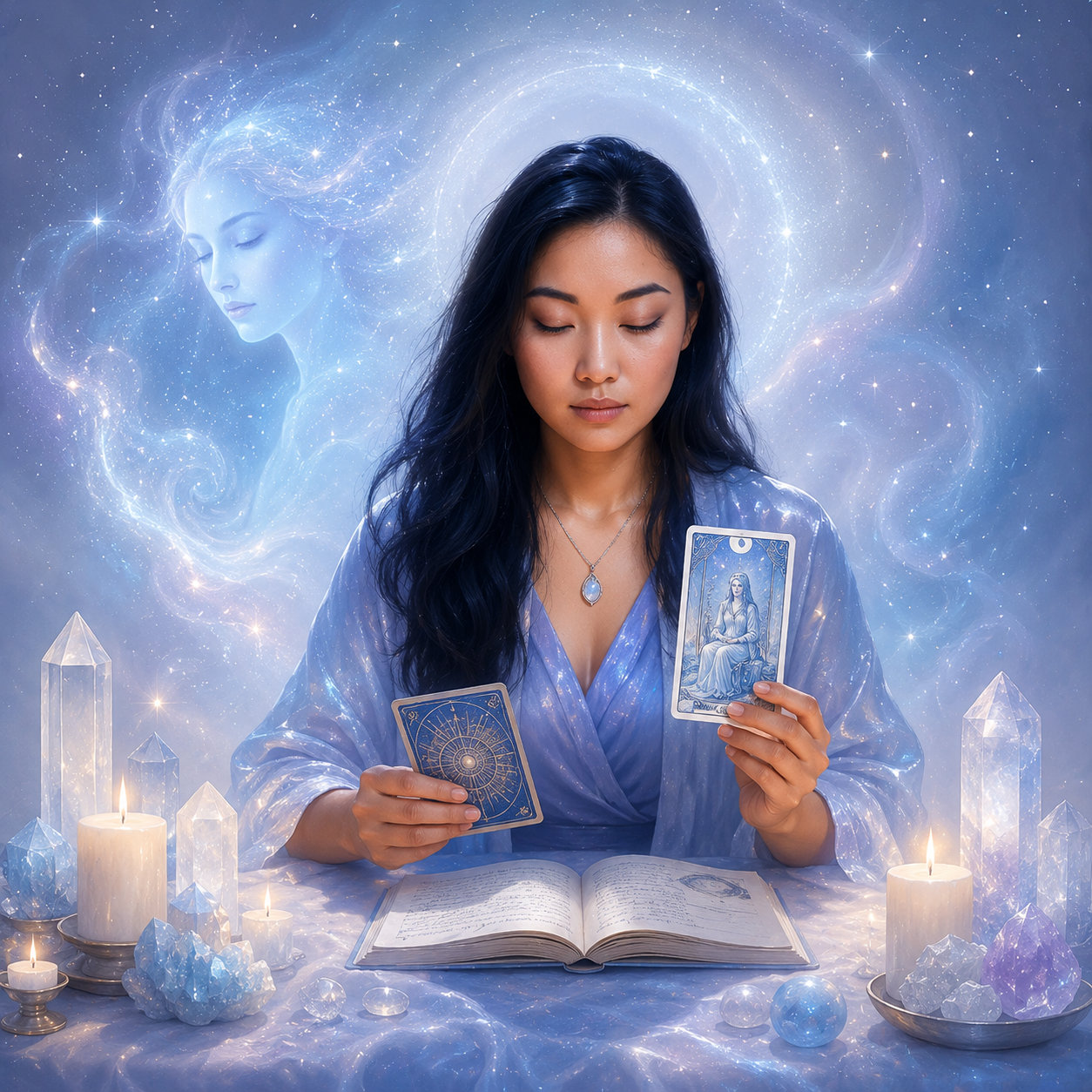 Woman in a mystical setting with tarot cards, crystals, and candles and a spirit overseeing the tarot reading they are about to do.