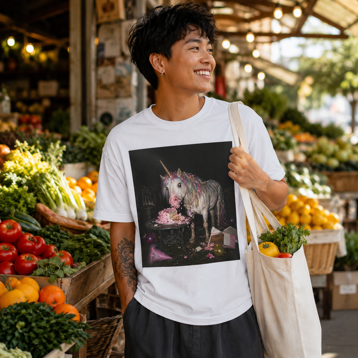 White graphic t-shirt shown on a model at a fresh produce market, featuring a retro-style photo of a unicorn eating pink birthday cake.
