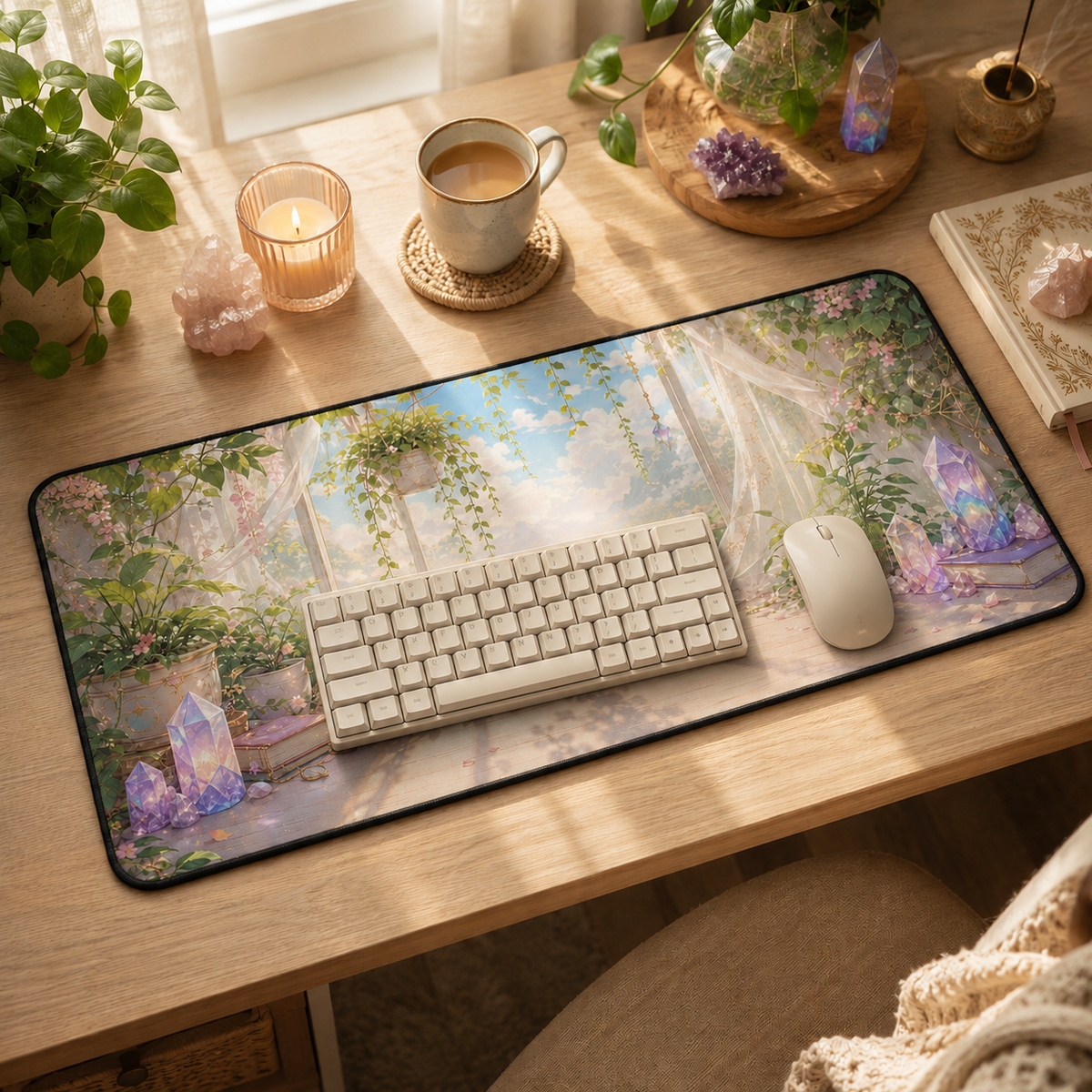 Pastel crystal desk mat mockup with keyboard and mouse on a cozy sunlit workspace featuring plants, candles, crystals and warm wood decor.